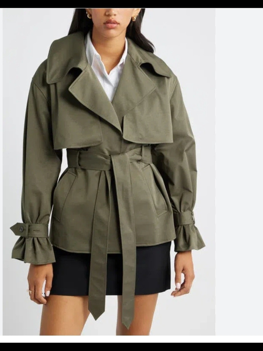 Structured Olive Belted Trench Coat with Ruffle Cuffs